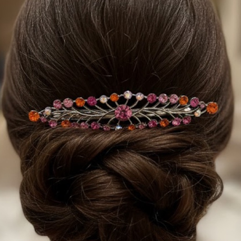 Sparkling Pink Orange AB Rhinestone Floral 4”Barrette Hair Clip Glam Coquette